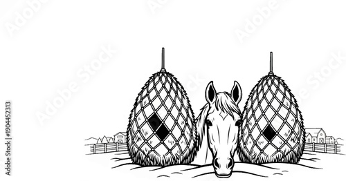 A horse's head appears between two large, netted hay bales in a farm scene