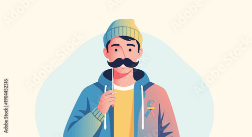 A person with a fake mustache and a ribbon on their jacket