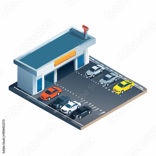 Isometric illustration of a modern smart city solutions garage with cars parked outside, showcasing urban planning and technology integration in transportation infrastructure.