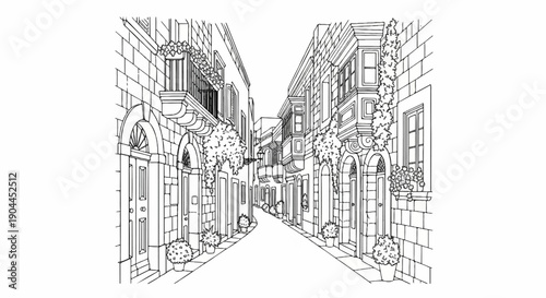 A quaint, narrow street lined with charming, old buildings and potted plants