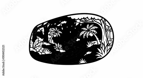 A silhouette of a jungle path with palm trees and lush vegetation