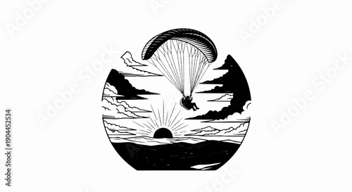 A silhouette of a paraglider soaring above a sun-burst over the ocean