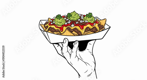 A hand holding a tray of loaded nachos with guacamole and cheese