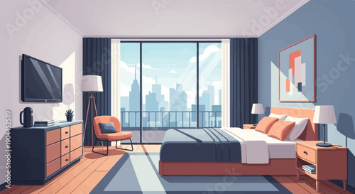 A modern bedroom with a large window showcasing a city skyline and urban landscape