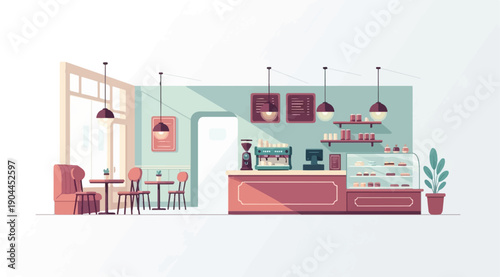 A quaint cafe interior with comfortable seating, a display of pastries, and a coffee machine