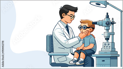 Eye Doctor Examining Child Vision at Pediatric Clinic Cartoon Illustration