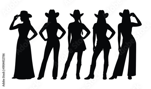Vector silhouette of five women wearing cowboy hats in different poses
