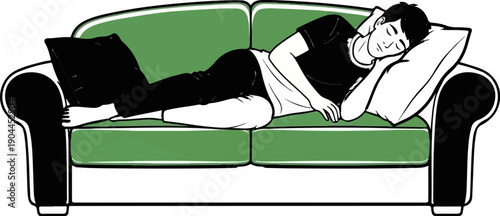 A person sleeps peacefully on a green sofa, resting their head on a pillow