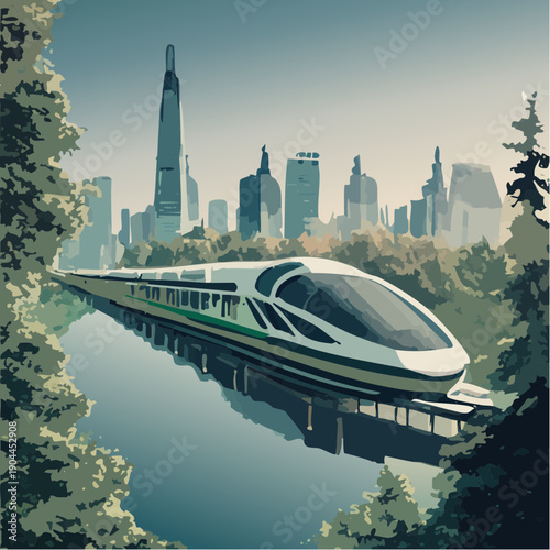 A sleek, white bullet train travels through a scenic route in a smart city, surrounded by lush greenery and a futuristic skyline in the background, showcasing innovative urban solutions.