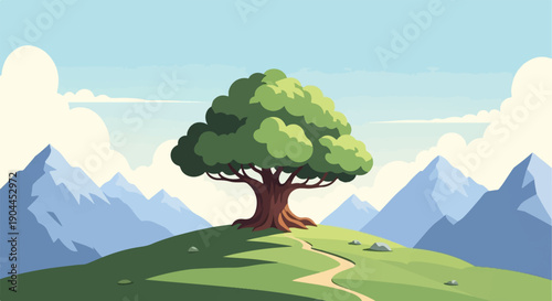 A majestic, ancient tree stands atop a rolling green hill with a winding path