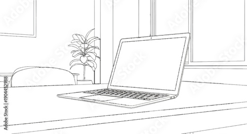 A laptop computer and potted plant sit on a desk next to a window