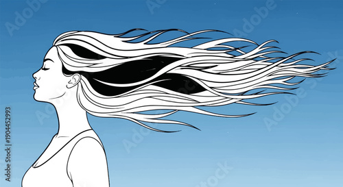A profile portrait of a woman with long, flowing hair against a blue gradient sky