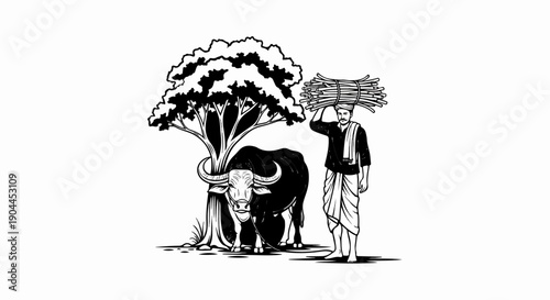 A man carries wood while a bull stands by a tree