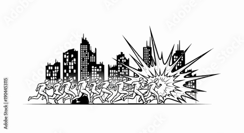 A group of stylized figures sprint forward in front of a city skyline with an explosion