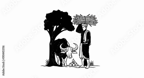 A man carries wood on his head, a bull stands by a tree and a fire