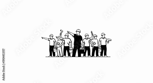 A group of workers in hard hats, holding tools and buckets, stand together