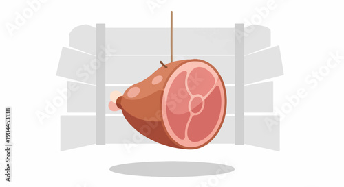 A large ham is hanging from a string against a background of grey horizontal panels