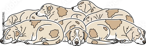 A group of sleeping dogs huddled together in a pile