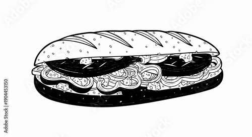 A monochromatic sketch of a generously filled sandwich with dark filling and white bread