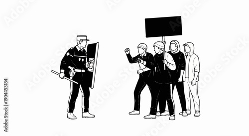 A police officer faces a group of protesters holding a blank sign