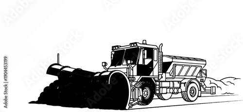 A large snow plow truck is clearing a road of a dark substance