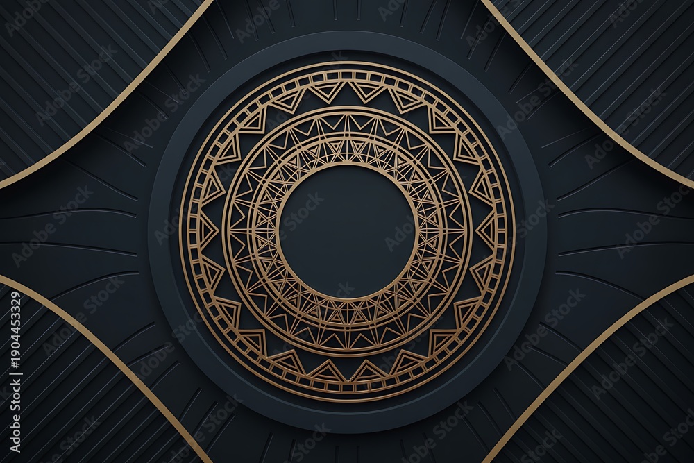 Fototapeta premium Intricate gold mandala design on dark background with geometric patterns