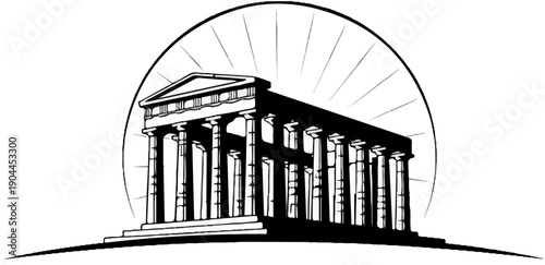 A monochrome illustration of a classical building with columns, set against a radiant semi-circle