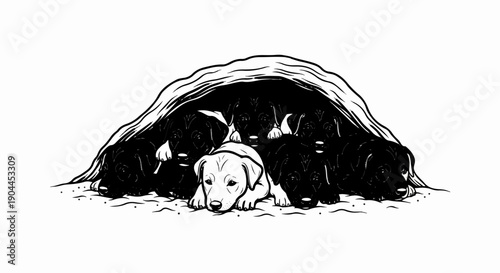 A group of puppies huddled together in a den