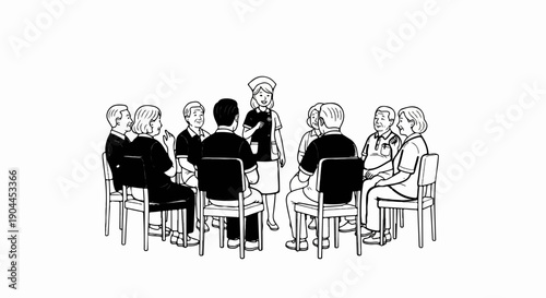 A group of people are seated in a circle, with a nurse standing in the center