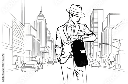 A man in a suit and fedora checks his watch on a city street
