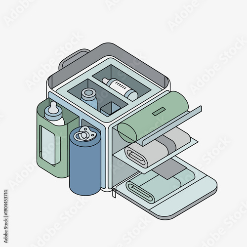 Isometric illustration of a portable toiletry bag with various personal care items.