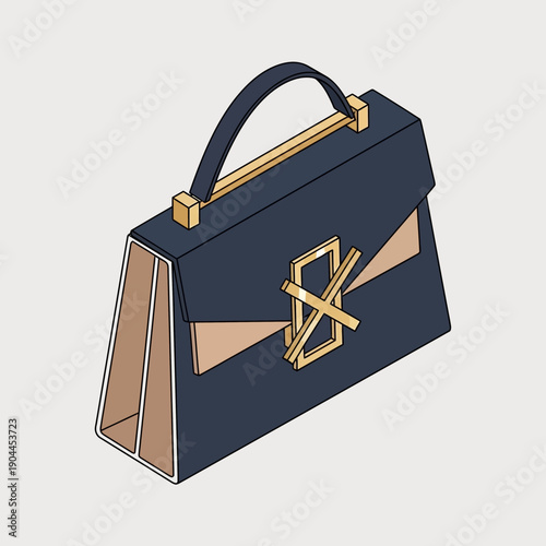 Luxury Handbag Illustration with Gold Accents and Navy Blue Color.