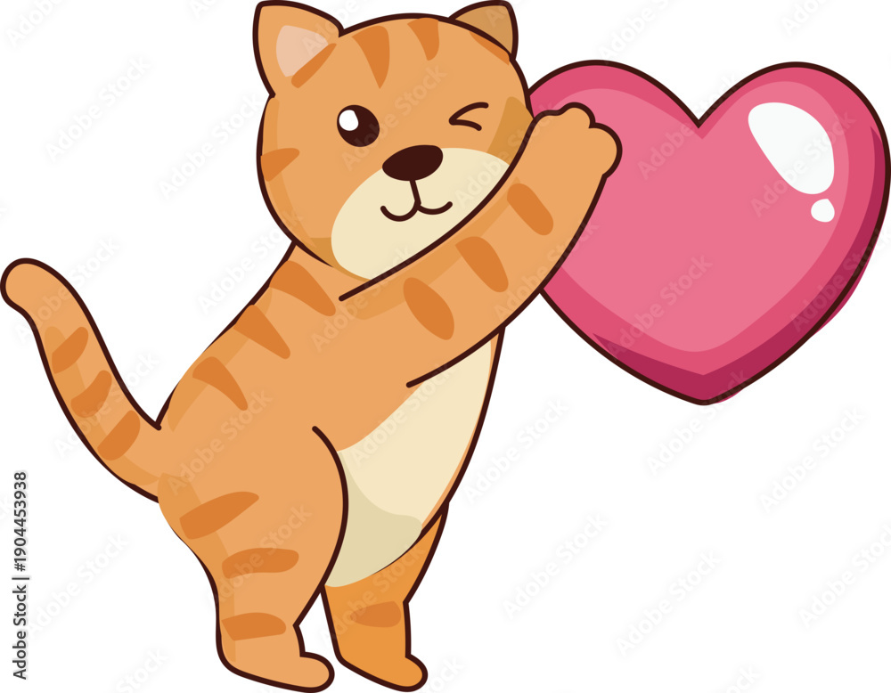 Fototapeta premium Orange cat with two hearts valentines cute romance sticker