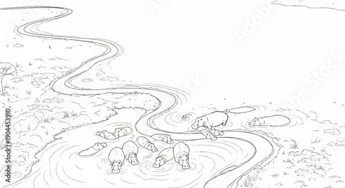 A group of hippos gathered in a winding river on a dry landscape