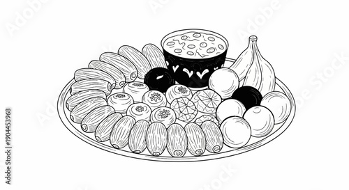 A platter of assorted fruits, including dates, berries, bananas, and a bowl of dip