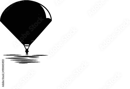A person descends under a parachute against a white background