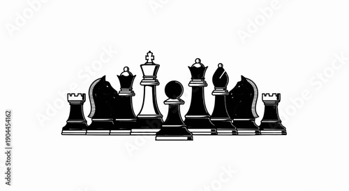 A group of classic chess pieces in silhouette on a white background