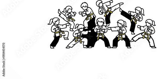 A group of children in martial arts uniforms practice various fighting stances