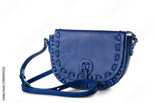 Stylish blue bag on white b...