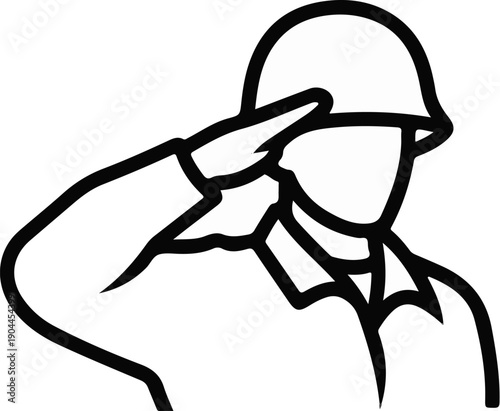 A simple black and white illustration of a person in military uniform saluting
