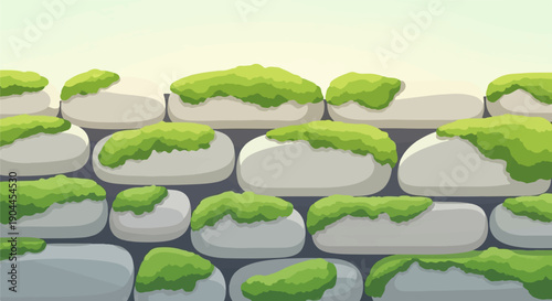 A pixelated stone wall with patches of green moss on top