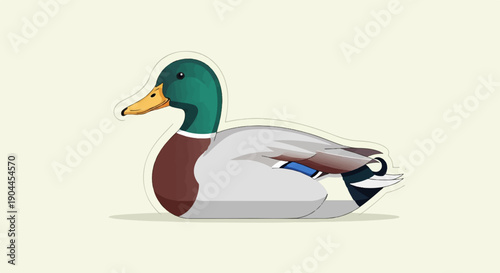A pixelated mallard duck, with vibrant green head, rests on a light beige background