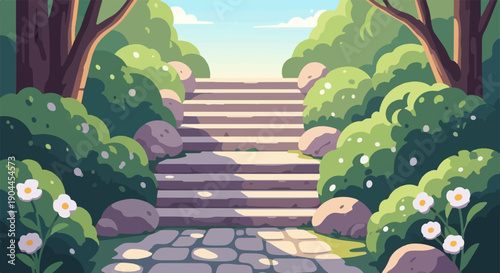 A pixelated stone staircase ascends through a lush, sun-dappled garden