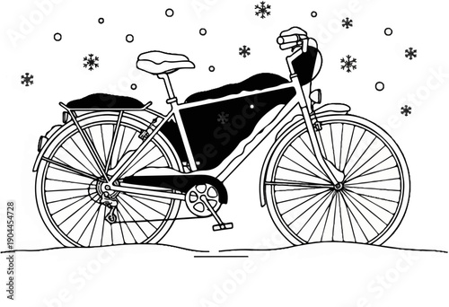 A line art illustration of a bicycle covered in snow with snowflakes falling