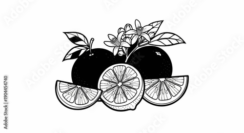 A graphic illustration of citrus fruits with blossoms and leaves