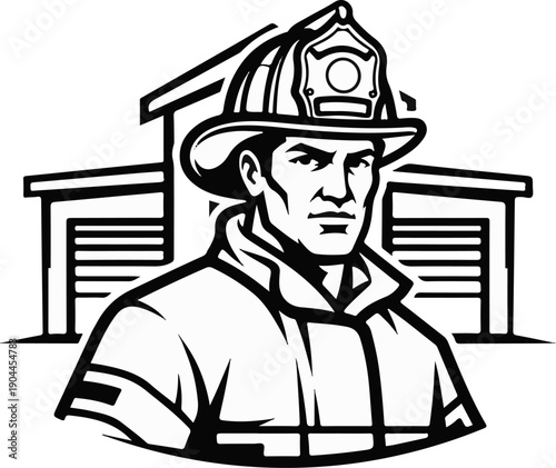 A graphic illustration of a serious-faced firefighter in uniform stands in front of fire station bay doors