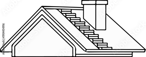 A line drawing of a roof section with a chimney and dormer window