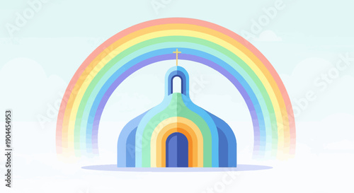 A pastel-colored dome-shaped building with a cross, beneath a vibrant rainbow