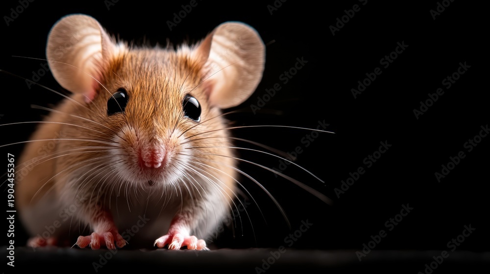Fototapeta premium A charming close-up image of a small mouse showcasing its large ears and bright eyes, highlighting the endearing qualities of these tiny creatures in nature.