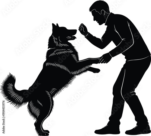 Man training dog silhouette, positive obedience command interaction, human and pet bonding, animal behavior concept, black and white illustration